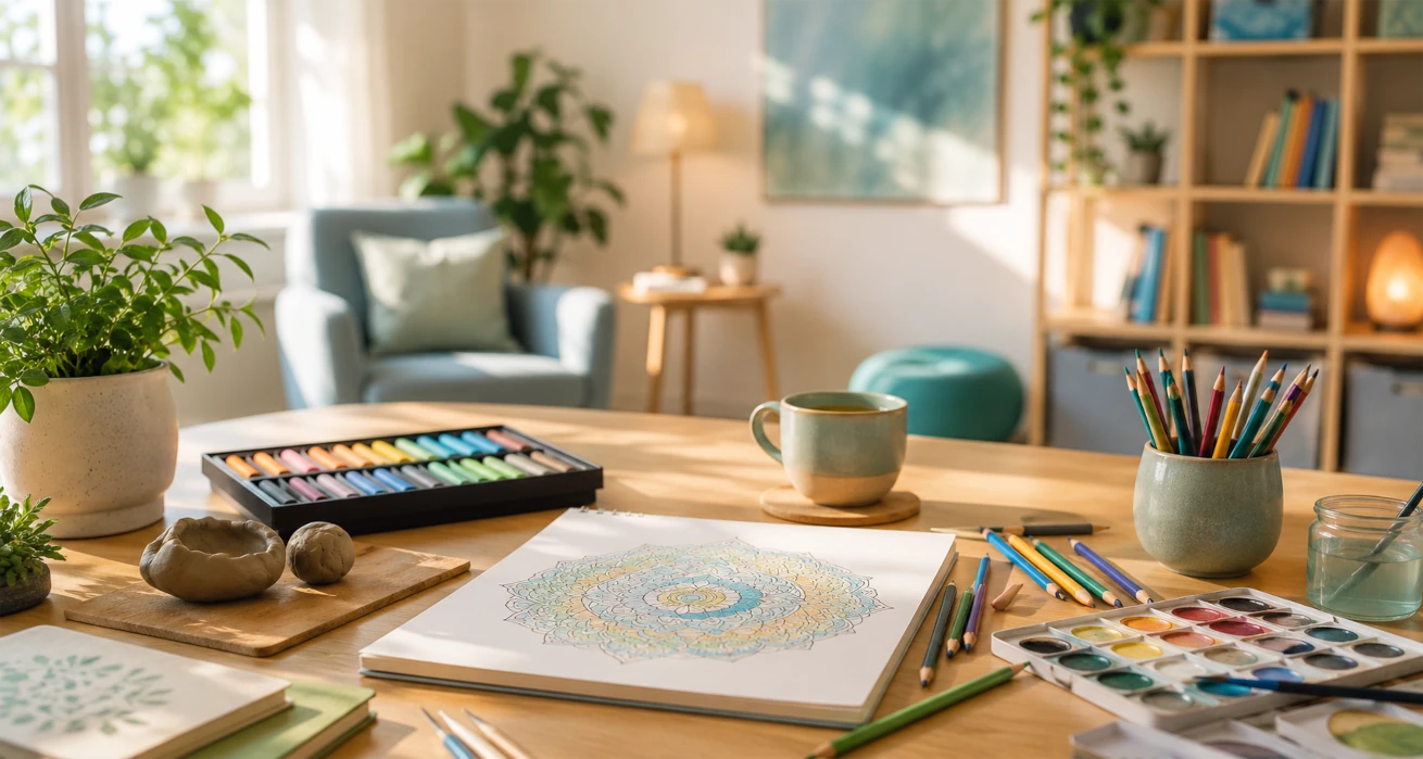 Ein heller, einladender Kreativ- und Therapiebereich: Wasserfarben, Stifte, ein Mandala.