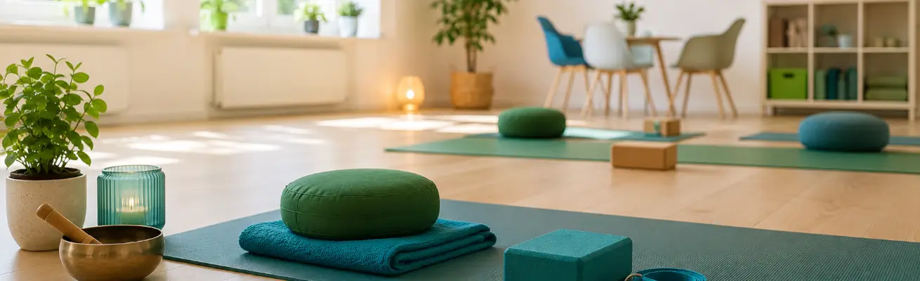 Ein heller, freundlicher Raum mit Yogamatten und Sitzkissen auf dem Boden.
